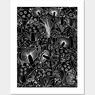 Hand Drawn Mushrooms (white ink) Posters and Art